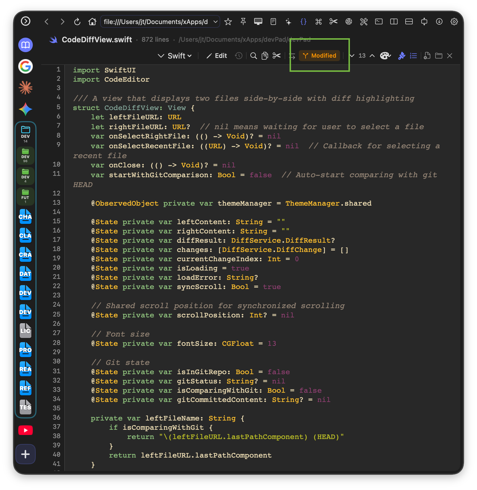 Git modified indicator showing yellow Modified badge