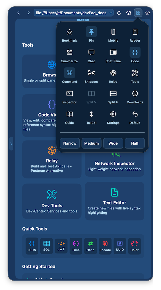 Compact toolbar with floating tool grid