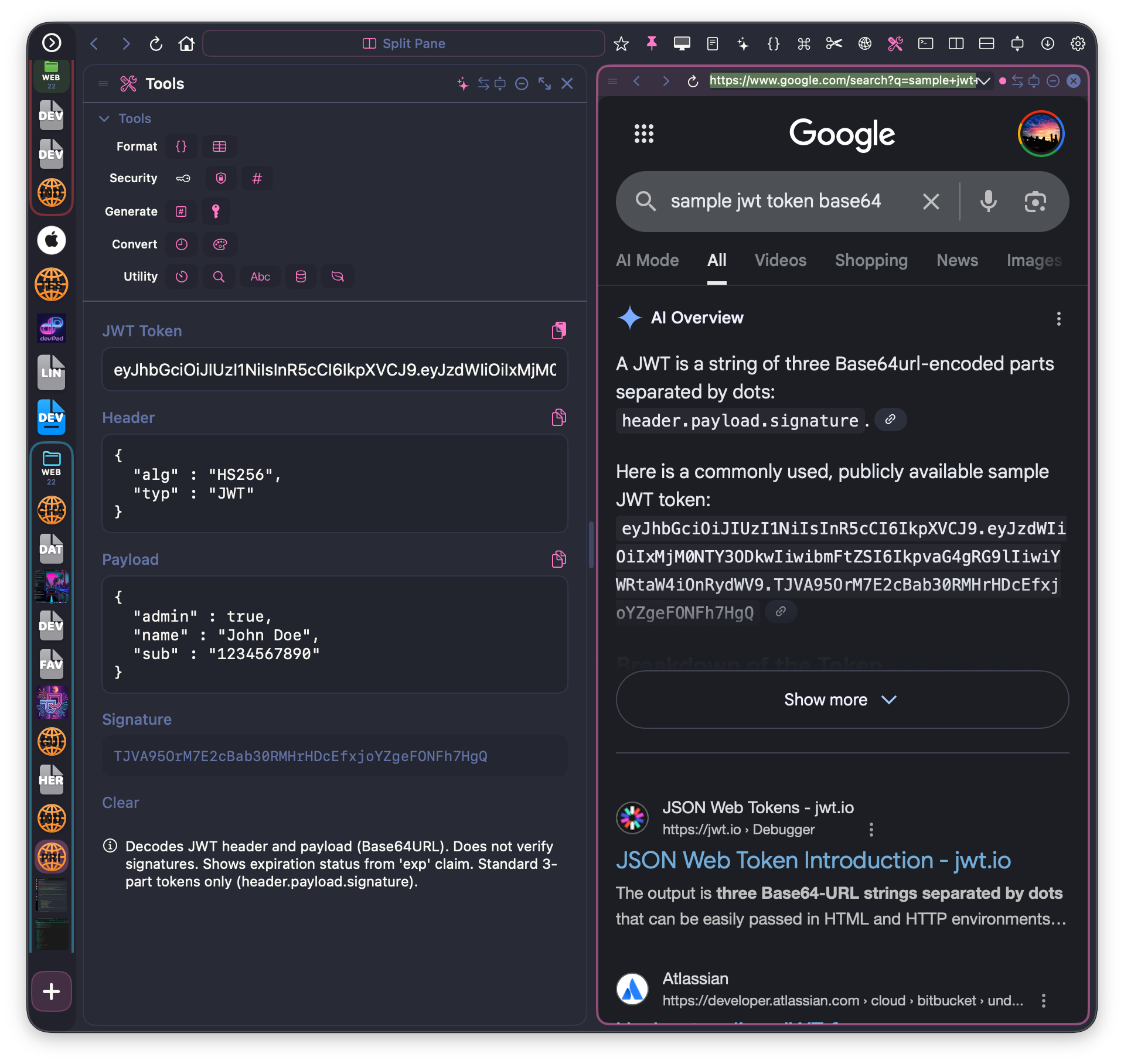 JWT Decoder showing decoded token