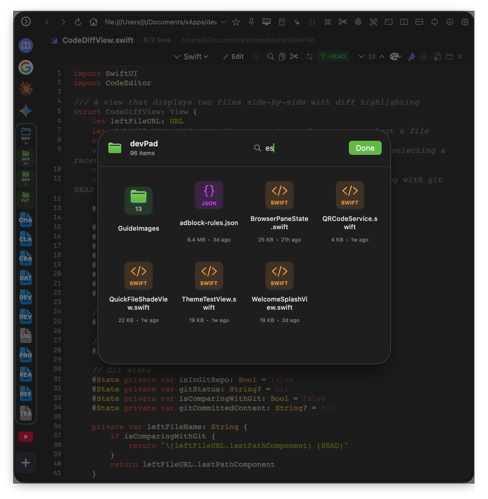 Quick search overlay for local folders